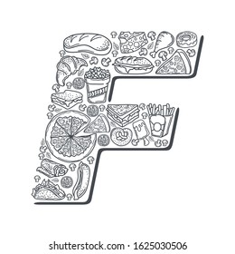 Line art vector hand drawn of food cartoon doodle objects, symbols and items. composition on form the letter F