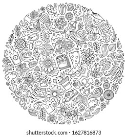 Line art vector hand drawn set of Spring cartoon doodle objects, symbols and items. Round composition
