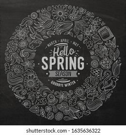 Line art vector hand drawn set of Spring cartoon doodle objects, symbols and items. Round frame composition