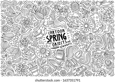 Line art vector hand drawn doodle cartoon set of Spring theme items, objects and symbols