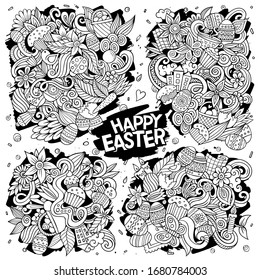 Dibujo de dibujos en línea vectorial de doodles dibujados a mano conjunto de combinaciones de objetos y elementos Feliz Pascua. Todos los artículos están separados