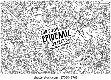 Line art vector hand drawn doodle cartoon set of Epidemic theme items, objects and symbols