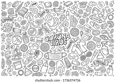 Line art vector hand drawn doodle cartoon set of Cronavirus theme items, objects and symbols