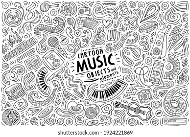 Line art vector hand drawn doodle cartoon set of Music theme items, objects and symbols