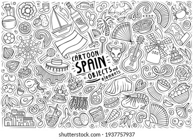 Line art vector hand drawn doodle cartoon set of Spain theme items, objects and symbols