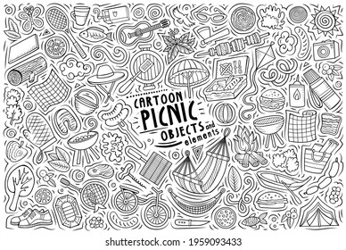 Line art vector hand drawn doodle cartoon set of Picnic theme items, objects and symbols