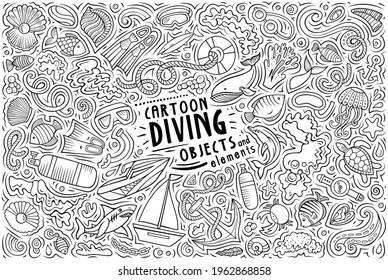 Line art vector hand drawn doodle cartoon set of Diving theme items, objects and symbols