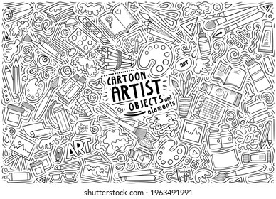 Line art vector hand drawn doodle cartoon set of Artist theme items, objects and symbols
