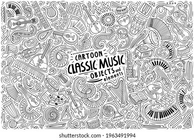 Line art vector hand drawn doodle cartoon set of Classic Music theme items, objects and symbols