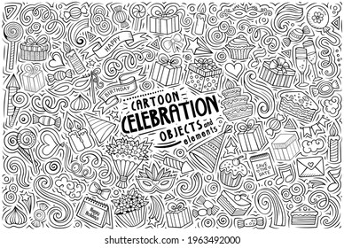 Line art vector hand drawn doodle cartoon set of Celebration theme items, objects and symbols