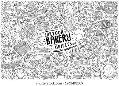 Line art vector hand drawn doodle cartoon set of bakery theme items, objects and symbols