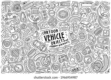 Line art vector hand drawn doodle cartoon set of Vehicle theme items, objects and symbols