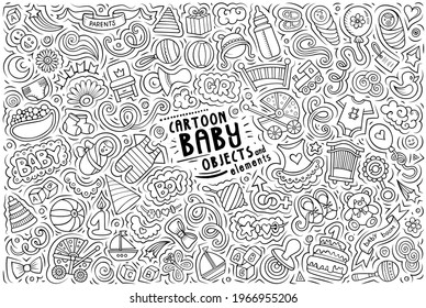 Line art vector hand drawn doodle cartoon set of Baby theme items, objects and symbols