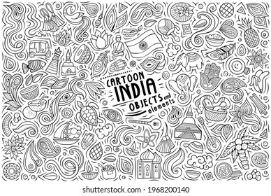 Dibujo en línea vectorial conjunto de dibujos animados de doodle dibujados a mano de ítems temáticos, objetos y símbolos de la India