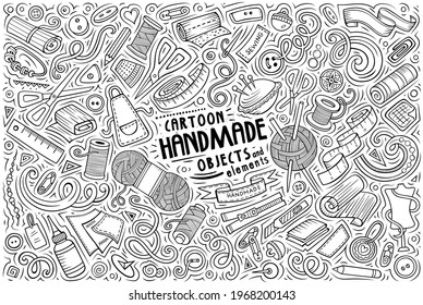 Line art vector hand drawn doodle cartoon set of handmade theme items, objects and symbols