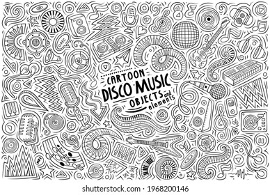 Line art vector hand drawn doodle cartoon set of Disco Music theme items, objects and symbols