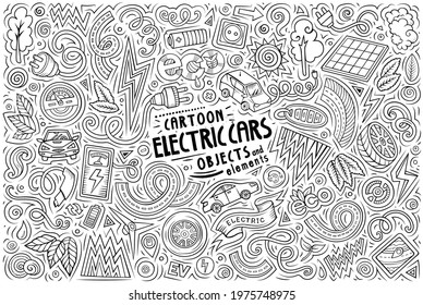 Line art vector hand drawn doodle cartoon set of Electric cars theme items, objects and symbols