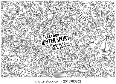 Line art vector hand drawn doodle cartoon set of Water sport theme items, objects and symbols