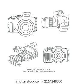 Line art vector hand drawn set of Photo and video studio doodle objects, symbols and items.