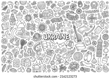 Line art vector hand drawn doodle cartoon set of Ukraine theme items, objects and symbols