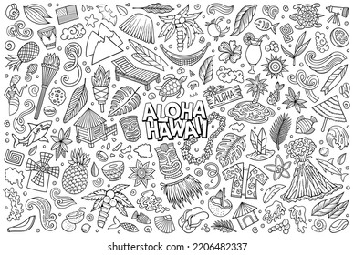 Line Art Vektorgrafik handgezeichnet doodle Cartoon Set Hawaii Themen, Objekte und Symbole