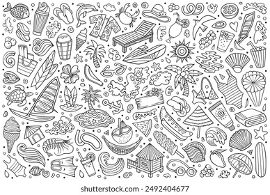 Line Art Vektorgrafik Hand gezeichnete Doodle Cartoon Set von Summer Beach Themen, Objekte und Symbole