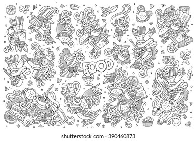 Line art vector hand drawn doodles cartoon set of food objects and symbols