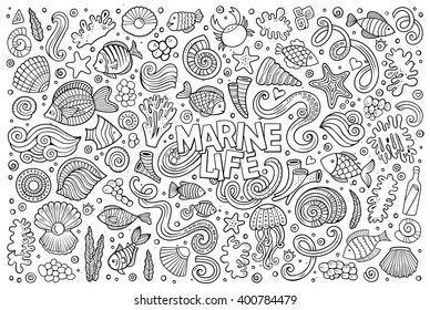 Line art vector hand drawn Doodle cartoon set of marine life objects and symbols