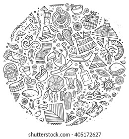 Line art vector hand drawn doodle cartoon set of Latin American objects and symbols. Round design