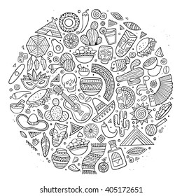 Line art vector hand drawn doodle cartoon set of Latin American objects and symbols. Round design