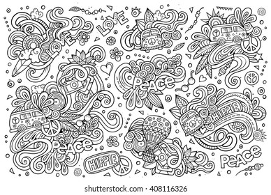 Line art vector hand drawn Doodle cartoon set of hippie objects and symbols