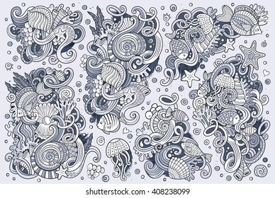Line art vector hand drawn Doodle cartoon set of marine life objects and symbols