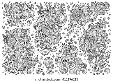 Line art vector hand drawn Doodle cartoon set of marine life objects and symbols