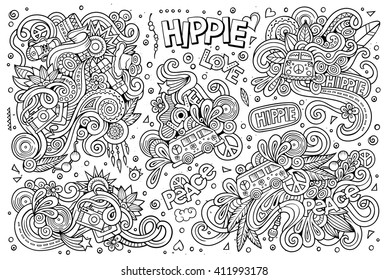 Line art vector hand drawn Doodle cartoon set of hippie objects and symbols