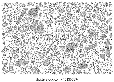 Line Art Vector Hand Drawn Doodle Cartoon Set Of Italian Food Objects And Symbols