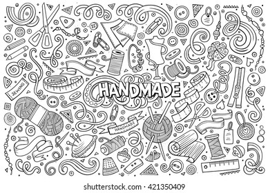 Line art vector hand drawn doodle cartoon set of handmade objects and symbols