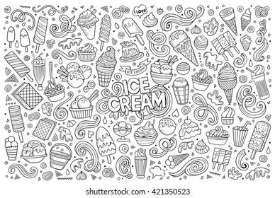 Line art vector hand drawn doodle cartoon set of ice-cream objects and symbols