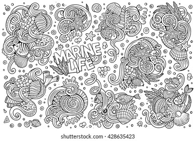 Line art vector hand drawn Doodle cartoon set of marine life objects and symbols