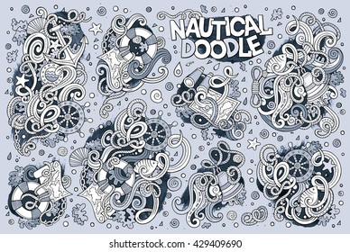 Line art vector hand drawn Doodle cartoon set of marine, nautical objects and symbols