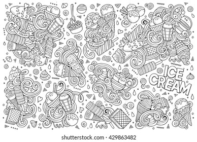 Line art vector hand drawn doodle cartoon set of ice-cream objects and symbols