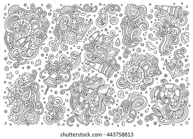 Line art vector hand drawn doodle cartoon set of marine, nautical objects and symbols