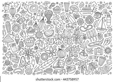 Line art vector hand drawn doodle cartoon set of summer time season objects and symbols