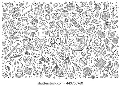 Line Art Vector Hand Drawn Doodle Cartoon Set Of Picnic Objects And Symbols