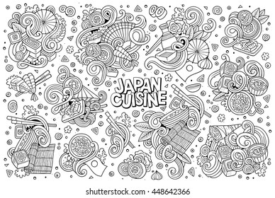 Line art vector hand drawn doodle cartoon set of Japan food objects and symbols designs