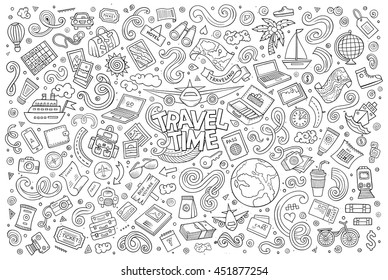 Line art vector hand drawn doodle cartoon set of travel planning theme items, objects and symbols