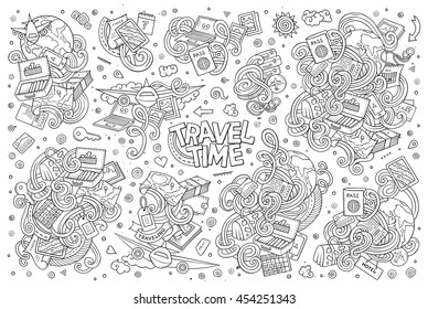 Line art vector hand drawn doodle cartoon set of travel planning theme items, objects and symbols