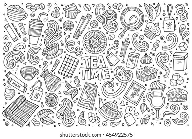 Line art vector hand drawn doodle cartoon set of tea and coffee theme items, objects and symbols