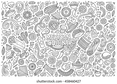 Line art vector hand drawn doodle cartoon set of Mexican Food theme items, objects and symbols