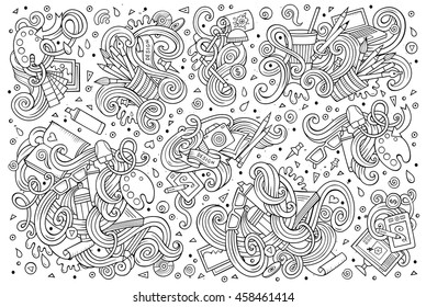 Line art vector hand drawn doodle cartoon set of design theme items, objects and symbols