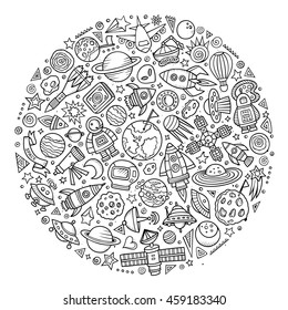 Line art vector hand drawn set of Spacel cartoon doodle objects, symbols and items. Round composition